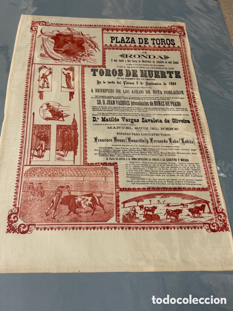 Carteles Toros: Cartel de toros en seda a dos colores de Ronda, 1893 a beneficio de los asilos. 47X32 CM APR&Oacute;X.