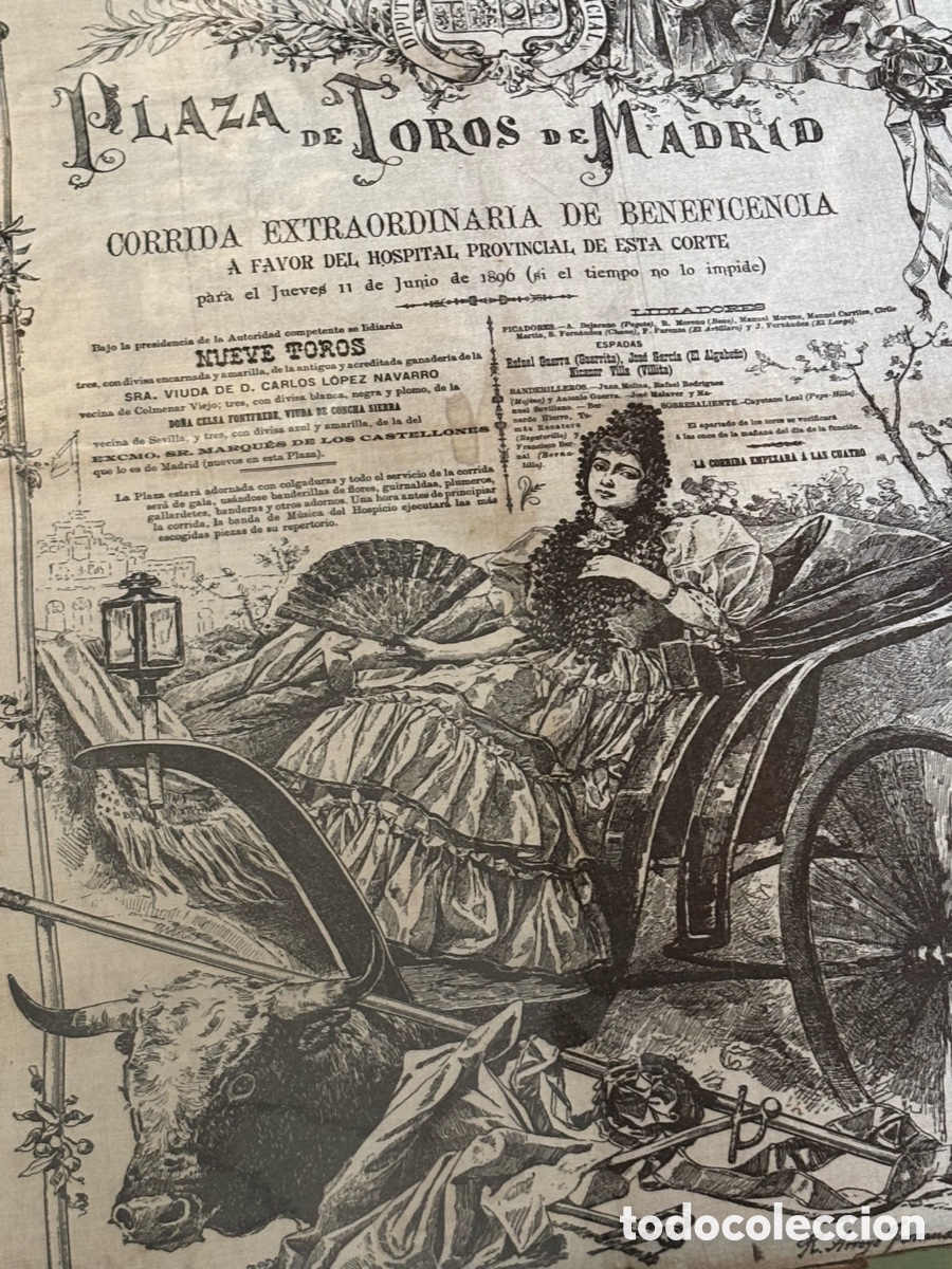 Cartazes Touros: Cartel de toros en seda corrida Beneficiencia, Madrid 1896. 49X37 CM APR&Oacute;X.