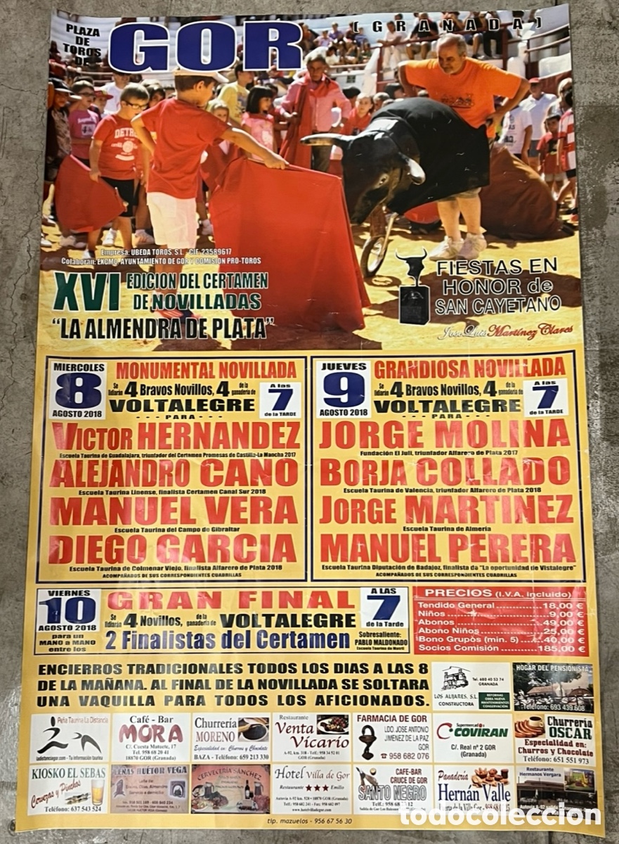 Carteles Toros: Cartel de Toros. Fiesta en Honor de San Cayetano. Gor. Granada. 2018.