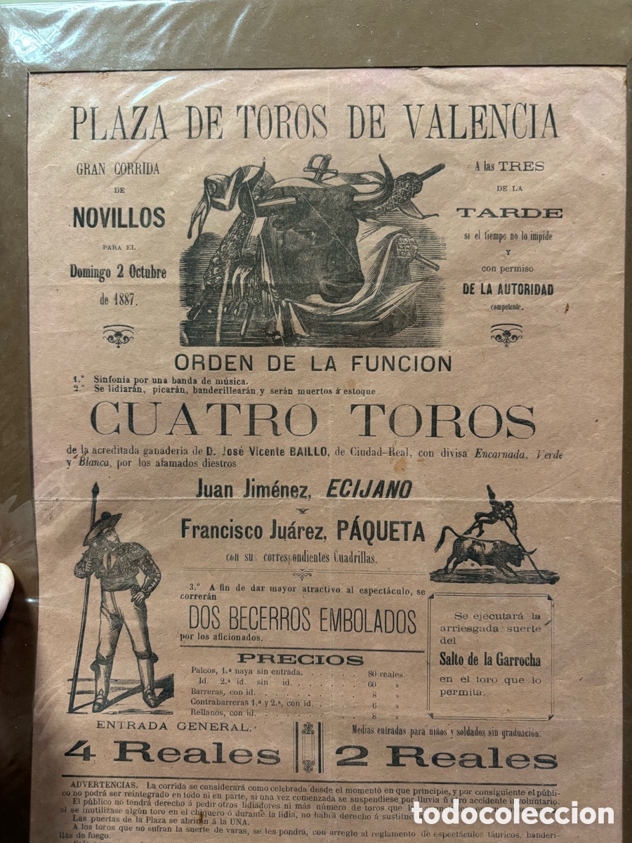 Affissi Tauromachia: CARTEL DE TOROS VALENCIA 1887. SALTO GARROCHA. 31X22 CM APR&Oacute;X.