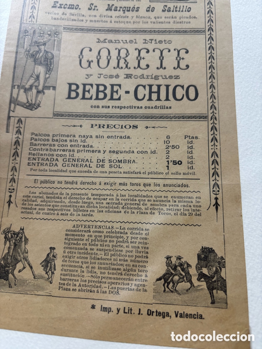 Affiches Tauromachie: CARTEL DE TOROS VALENCIA 1896. . 31X14 CM APR&Oacute;X.