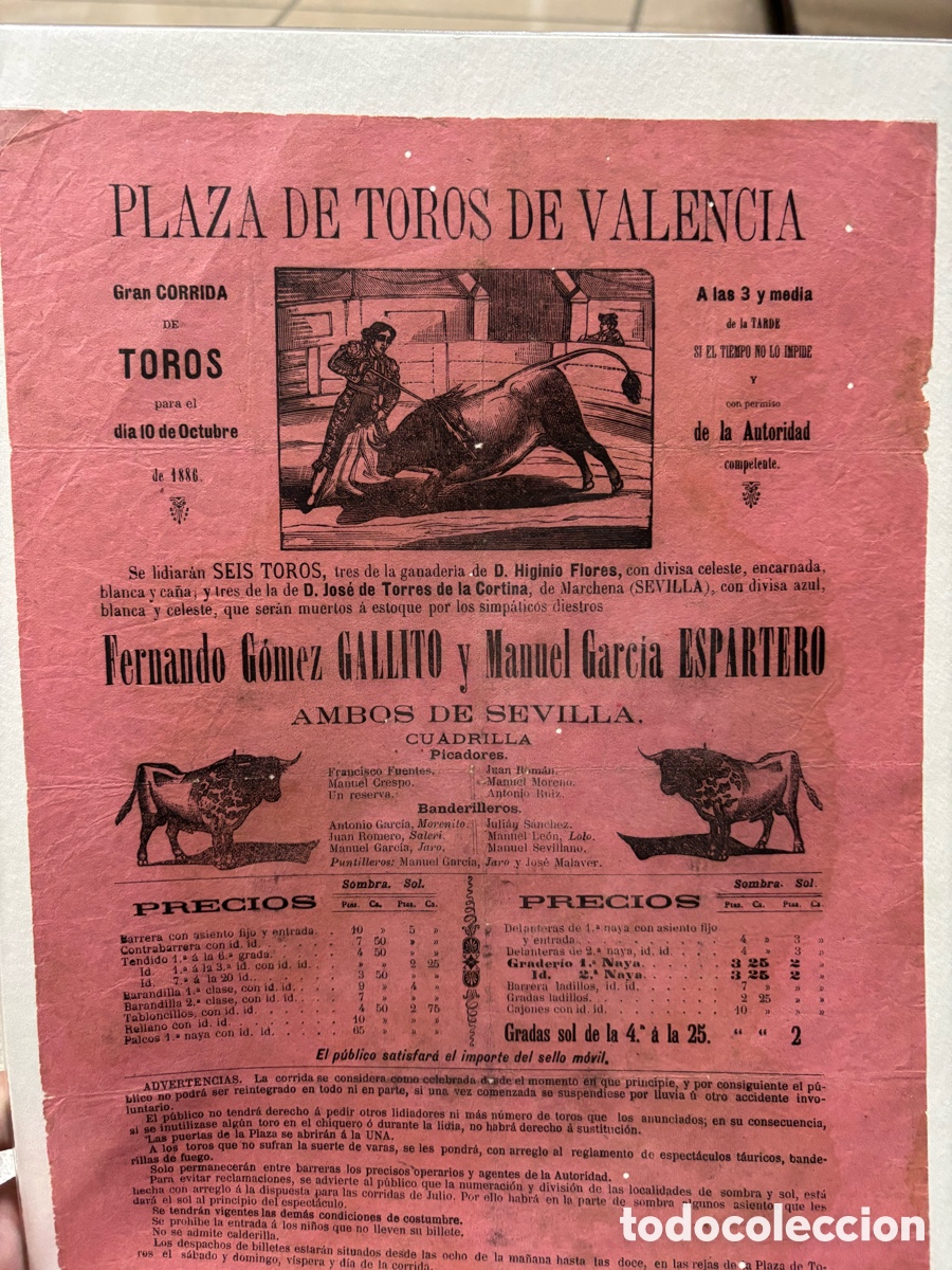 Affiches Tauromachie: CARTEL DE TOROS VALENCIA 1886. GALLITO Y ESPARTERO. 32X22 CM APR&Oacute;X.