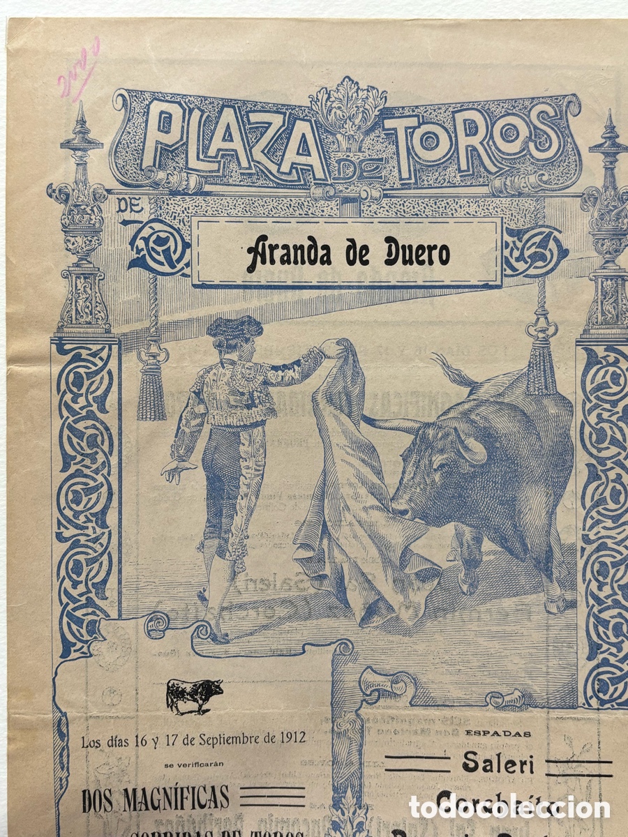 Carteles Toros: CARTEL TOROS ARANDA DE DUERO, 1912. 47X23 CM APR&Oacute;X