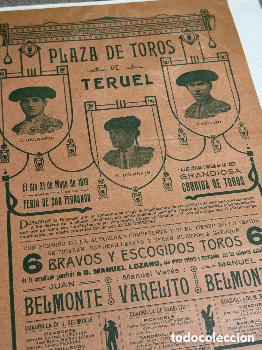 Plakate Stiere: CARTEL TOROS TERUEL 1919. JUAN BELMONTE. 49X21 CM APR&Oacute;X