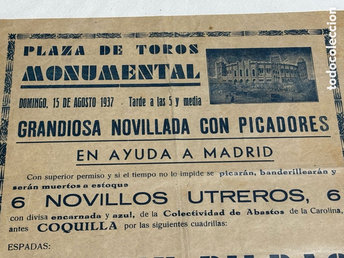 Plakate Stiere: CARTEL TOROS GUERRA CIVIL BARCELONA 1937 EN AYUDA A MADRID. 43X21 CM APR&Oacute;X