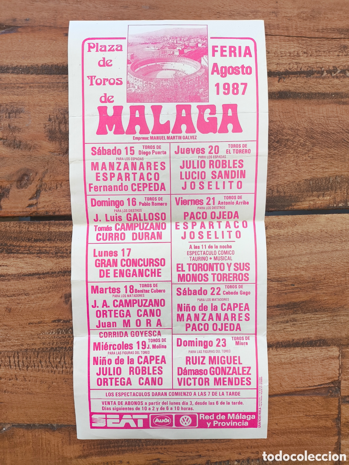 Carteles Toros: Cartel Plaza de Toros de M&aacute;laga Feria Taurina Agosto 1987 32x14,5 cm
