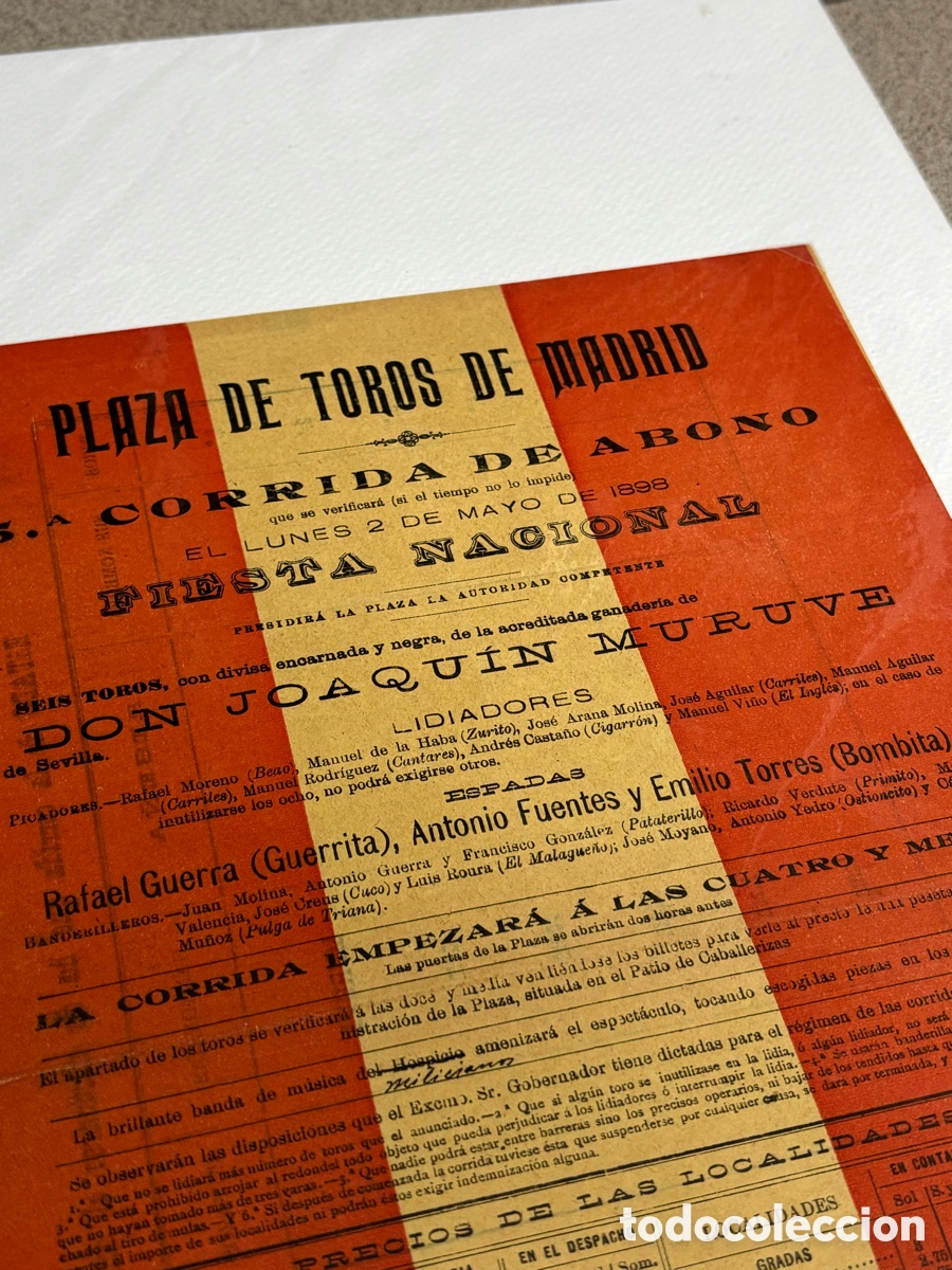 Carteles Toros: CARTEL TOROS MADRID 1898, FIESTA NACIONAL, GUERRITA Y BOMBITA 31X21 CM APR&Oacute;X