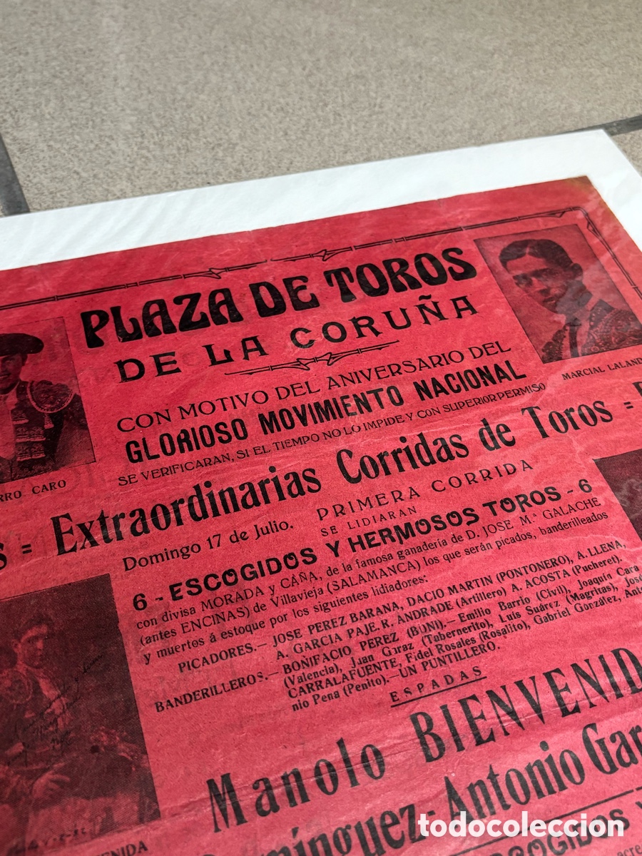Carteles Toros: CARTEL TOROS LA CORU&Ntilde;A 18 JULIO 1938, ANIVERSARIO MOVIMIENTO NACIONAL. 43X32 CM APR&Oacute;X