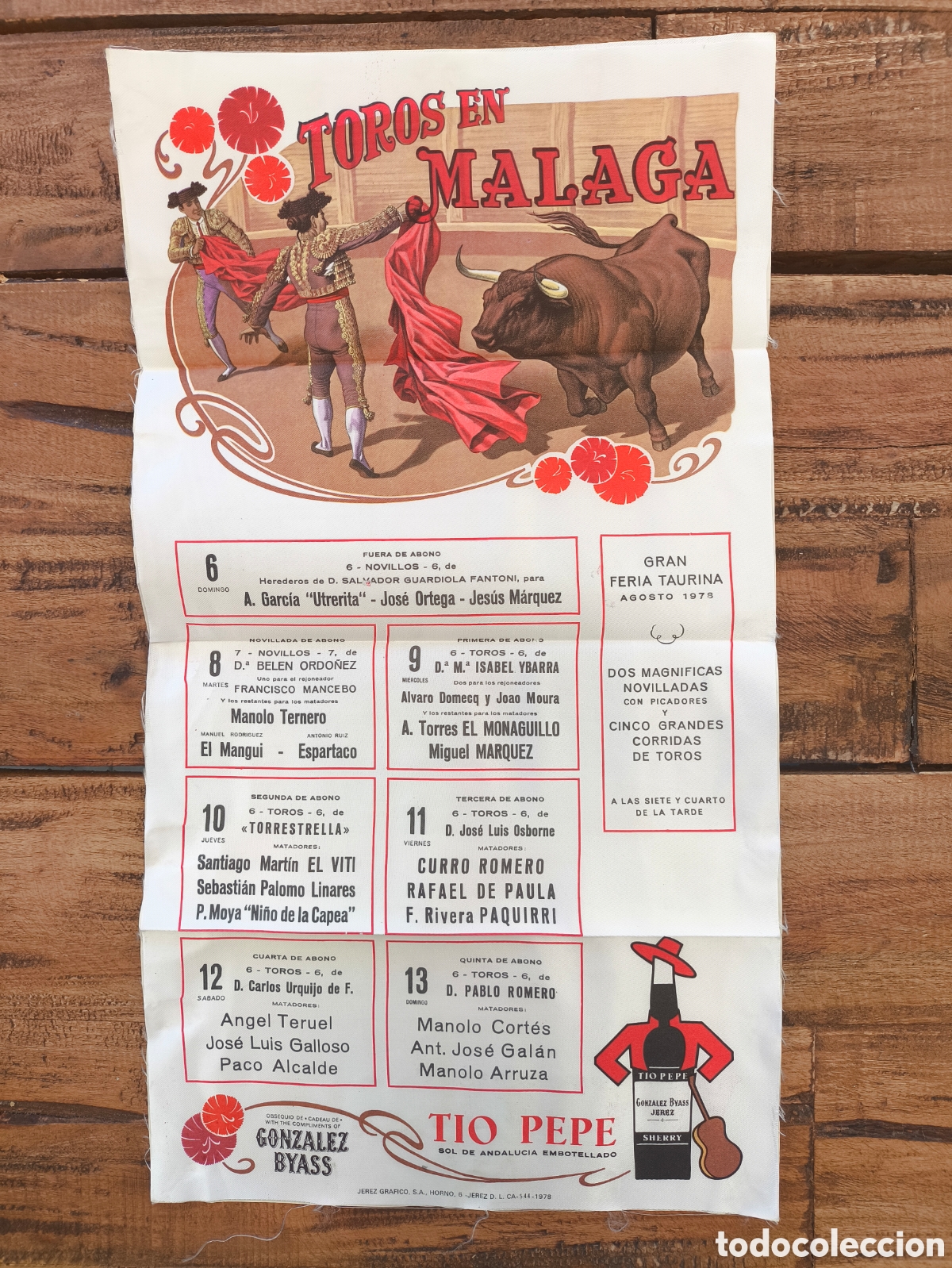 Carteles Toros: Cartel Seda Plaza de Toros de M&aacute;laga Gran Feria Taurina Agosto 1978 45x25 cm