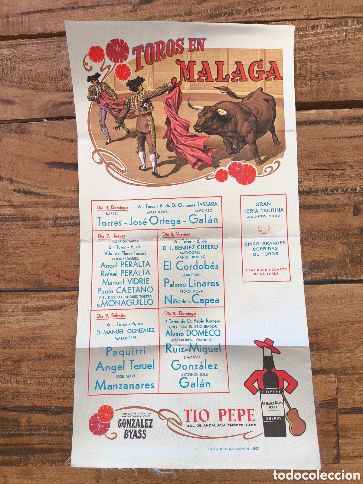Carteles Toros: Cartel Seda Plaza de Toros de M&aacute;laga Gran Feria Taurina Agosto 1980 48x25 cm