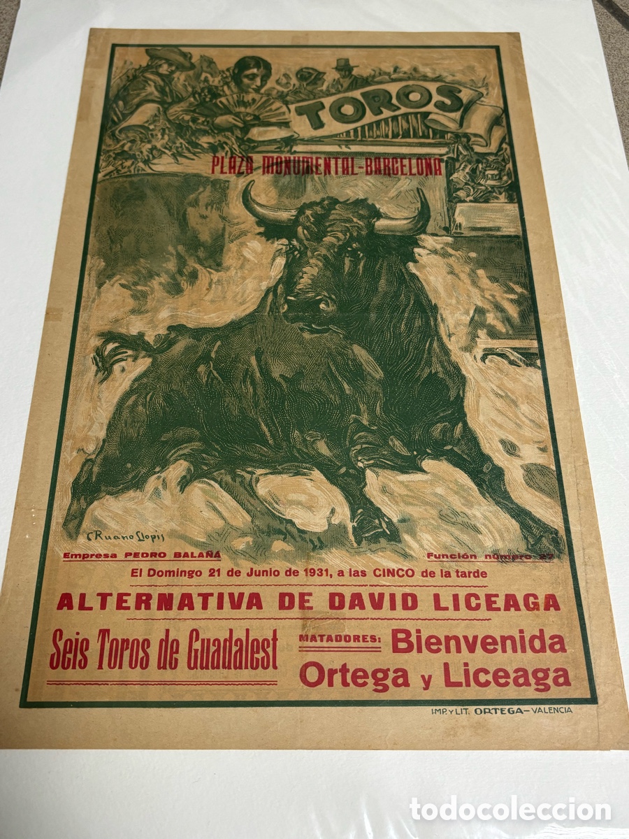 Carteles Toros: CARTEL TOROS BARCELONA 1931. ALTERNATIVA TORERO MEXICANO DAVID LICEAGA 43X27 CM APR&Oacute;X