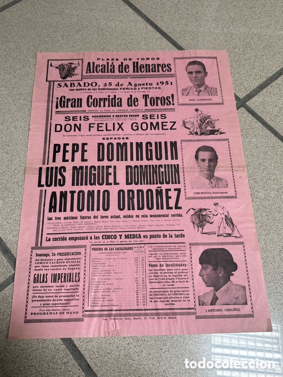 Carteles Toros: CARTEL TOROS ALCAL&Aacute; DE HENARES 1951. DOMINGU&Iacute;N, ORDO&Ntilde;EZ. 44X31 CM APR&Oacute;X