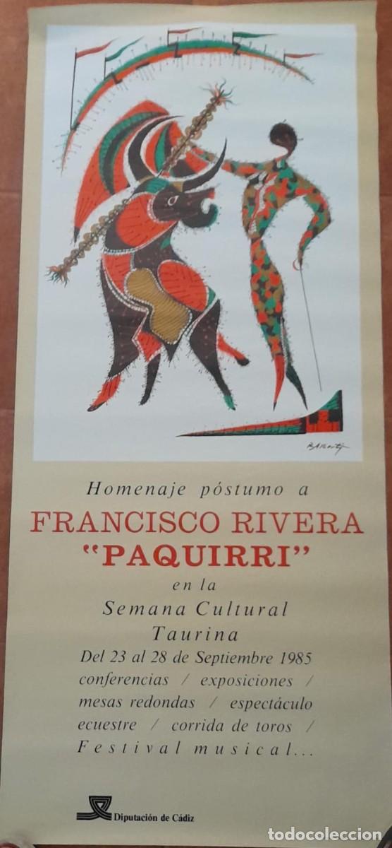 Carteles Toros: CATEL DE HOMENAJE P&Oacute;STUMO A PAQUIRRI EN C&Aacute;DIZ, DISE&Ntilde;O DE RAFAEL ALBERTI, DE 1985