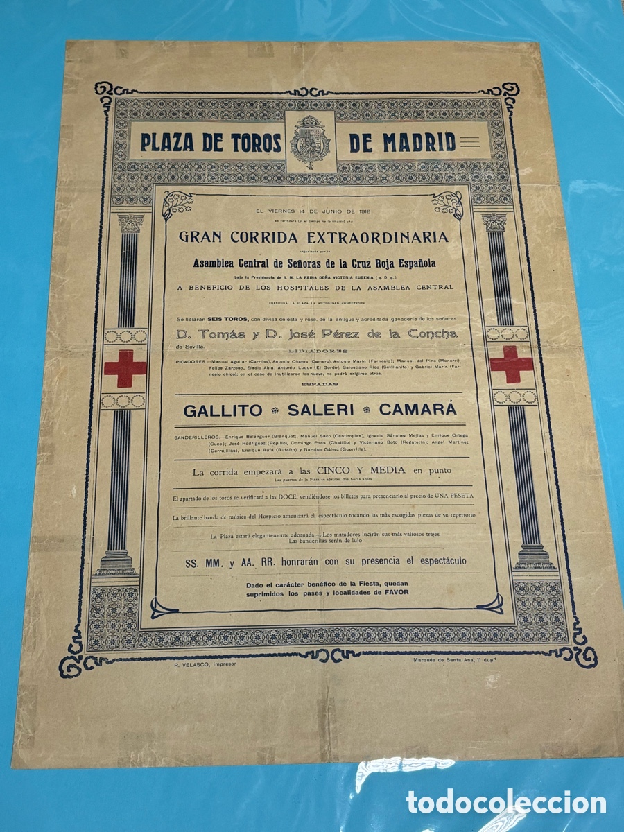 Carteles Toros: CARTEL TOROS CRUZ ROJA. MADRID 1918 GALLITO, SALERI, CAMAR&Aacute;...51X34 CM APR&Oacute;X
