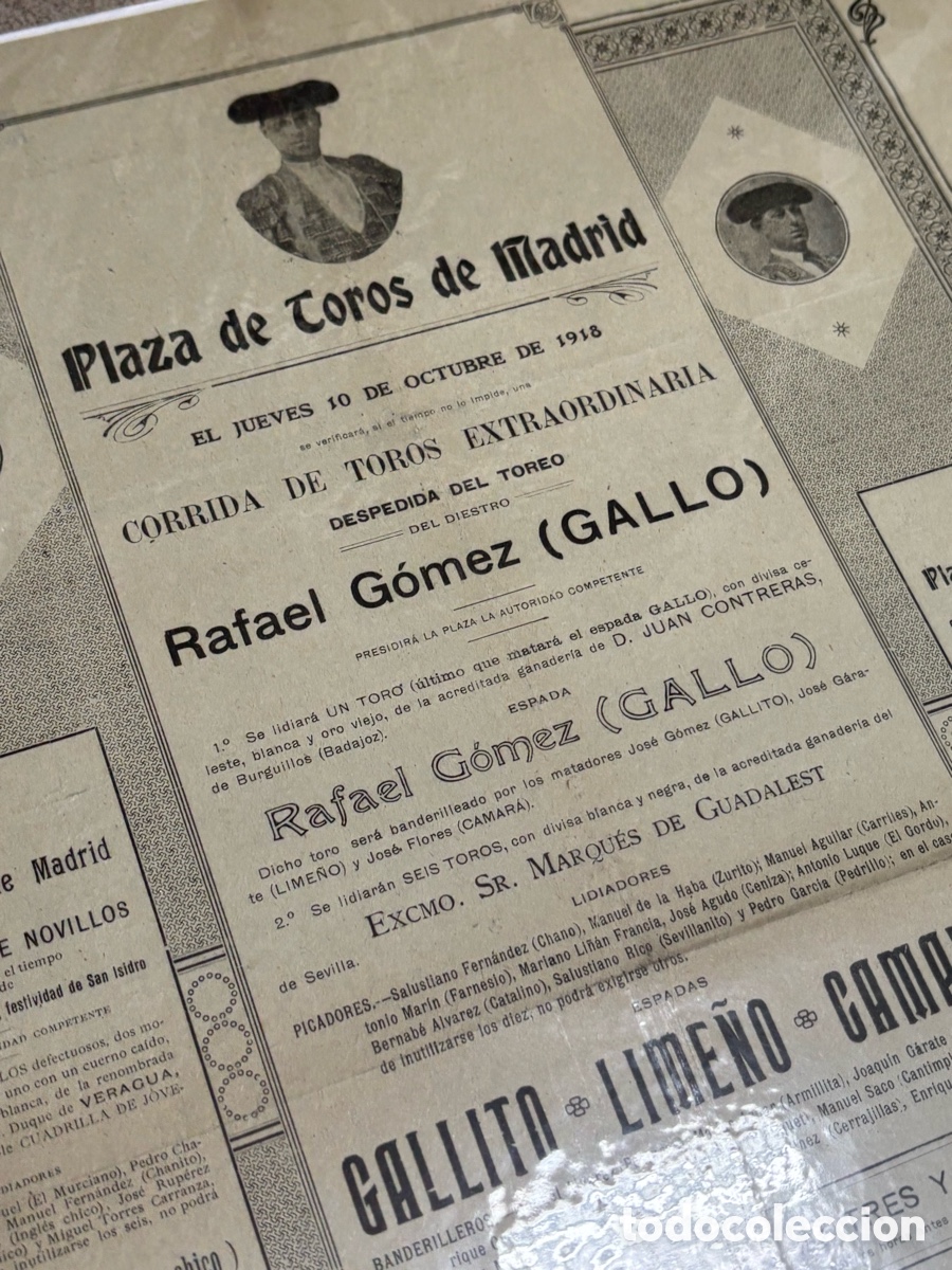 Carteles Toros: CARTEL TOROS. MADRID 1918. DESPEDIDA DEL GALLO. GALLITO, LIME&Ntilde;O, CAMAR&Aacute;...49X34 CM APR&Oacute;X
