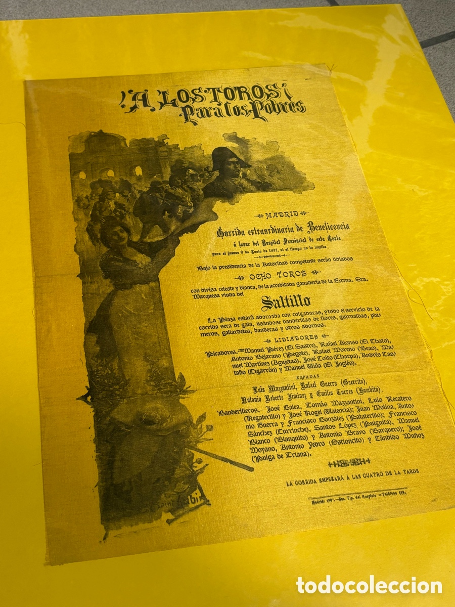 Carteles Toros: CARTEL TOROS BENEFICENCIA EN SEDA. MADRID 1897. MAZZANTINI, GUERRITA, BOMBITA 46X30CM