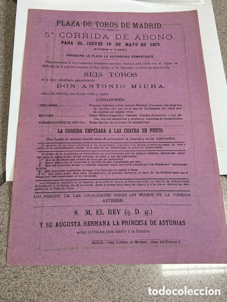Carteles Toros: CARTEL TOROS MADRID 1876. LAGARTIJO, FRASCUELO. MIURA 30X21 CM