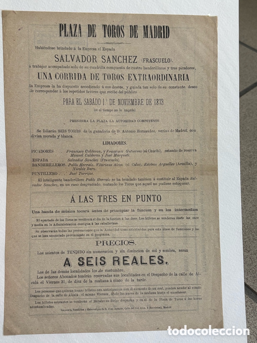 Carteles Toros: CARTEL TOROS MADRID 1873. CORRIDA EXTRAORDINARIA DE FRASCUELO. 29X20 CM