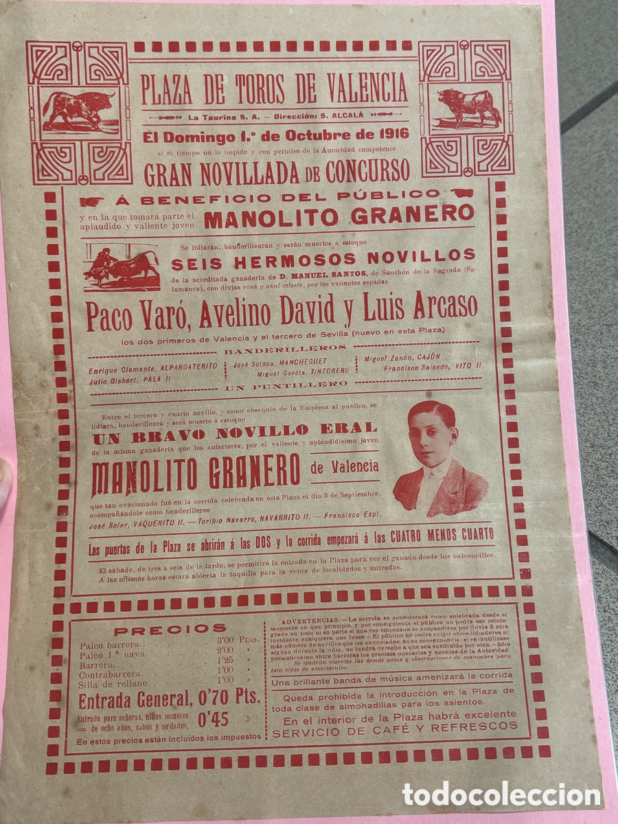 Carteles Toros: CARTEL TOROS VALENCIA 1916. MANOLITO GRANERO CON 14 A&Ntilde;OS. 33X23 CM