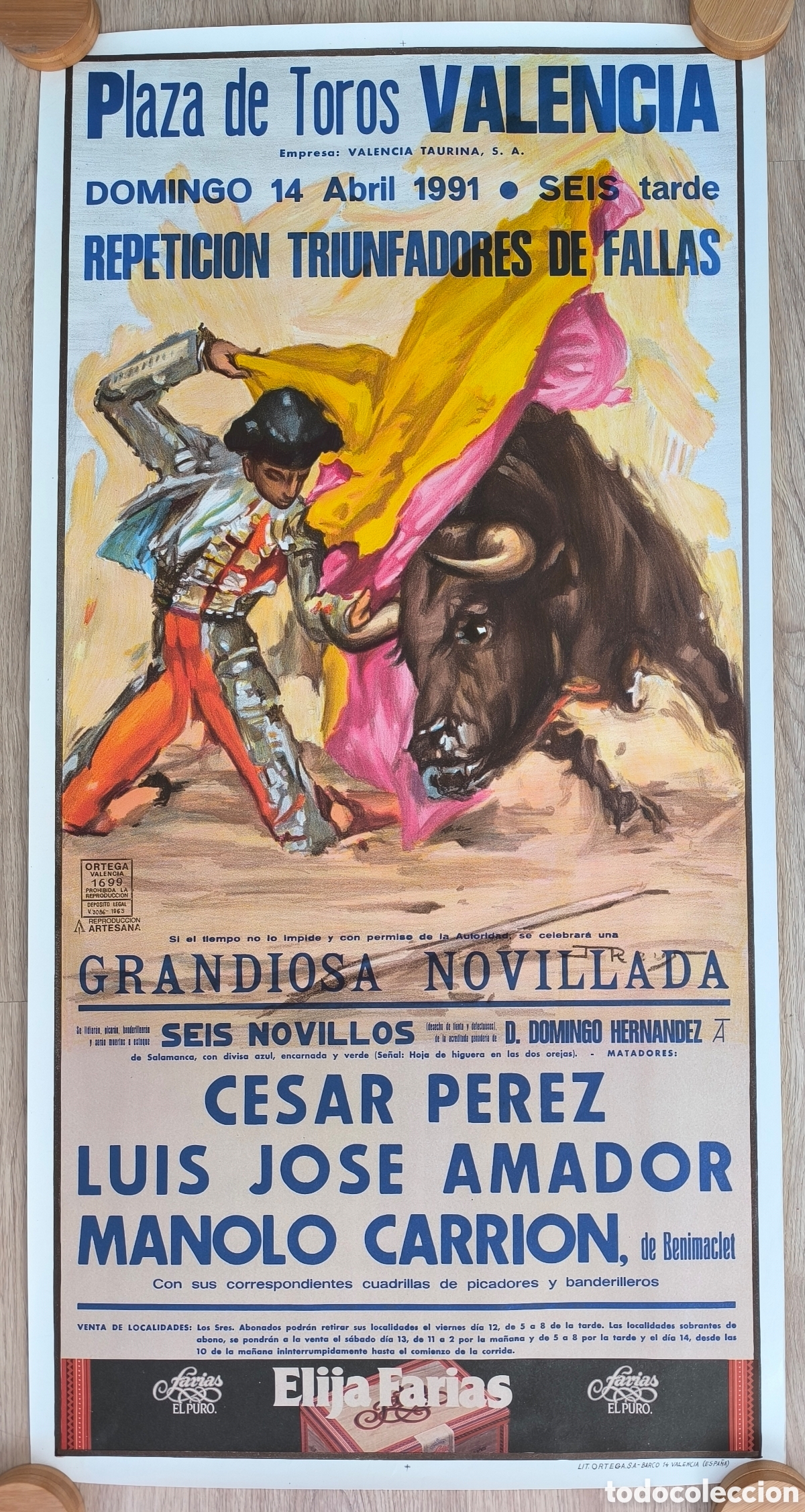 Plakate Stiere: RW CARTEL TOROS PLAZA VALENCIA ABRIL 1991 CESAR PEREZ JOSE AMADOR J REUS CT115 RR