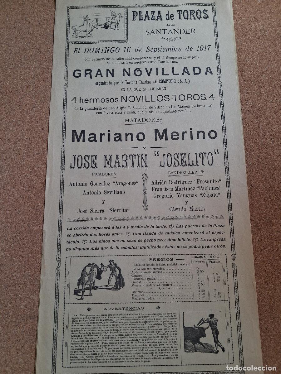 Carteles Toros: Cartel de toros. Santander. 16 septiembre 1917. Mariano Merino y Jos&eacute; Mart&iacute;n Joselito.