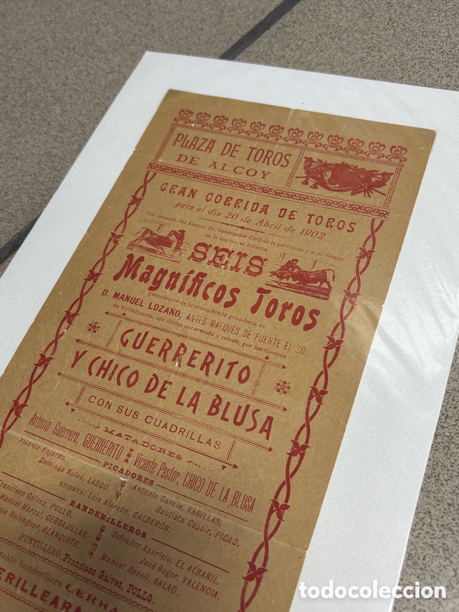 Carteles Toros: CARTEL TOROS ALCOY 1902. GUERRERITO, CHICO DE LA BLUSA. 44X16 CM APR&Oacute;X.