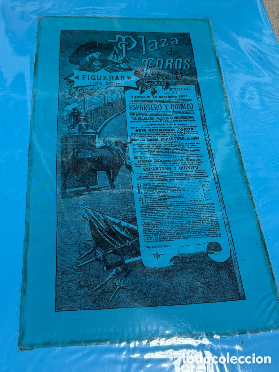 Carteles Toros: CARTEL TOROS SEDA FIGUERAS, INAUGURACI&Oacute;N PLAZA CON ESPARTERO 50X27 CM APR&Oacute;X.