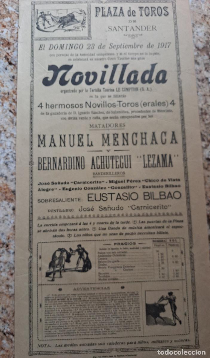 Carteles Toros: Cartel de toros. Santander.23 septiembre 1917. Manuel Menchaca y Bernardino Achutegui &rdquo;Lezama&rdquo;