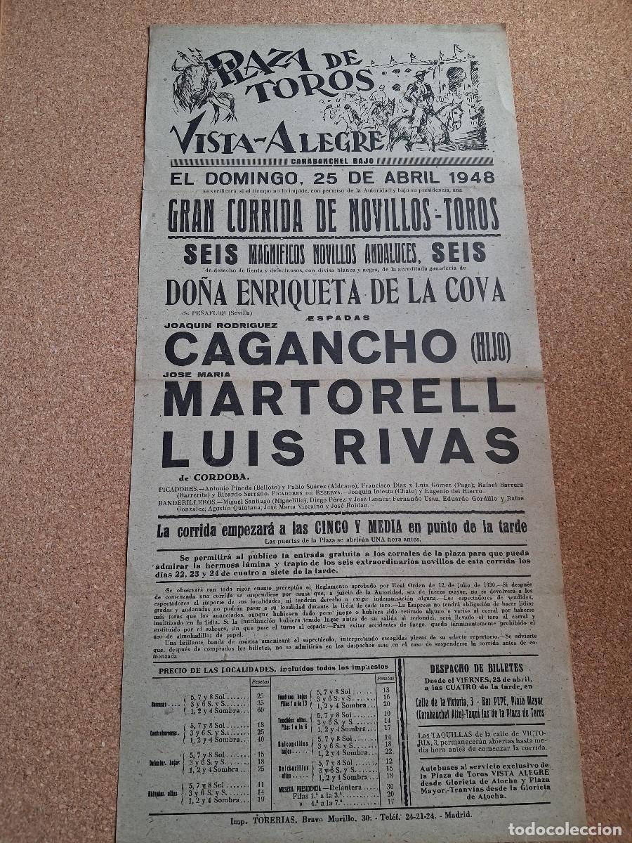 Carteles Toros: Cartel de toros. Vista-Alegre. 25 abril 1948. Cagancho Hijo, Jos&eacute; Mar&iacute;a Martorell, Luis Rivas.