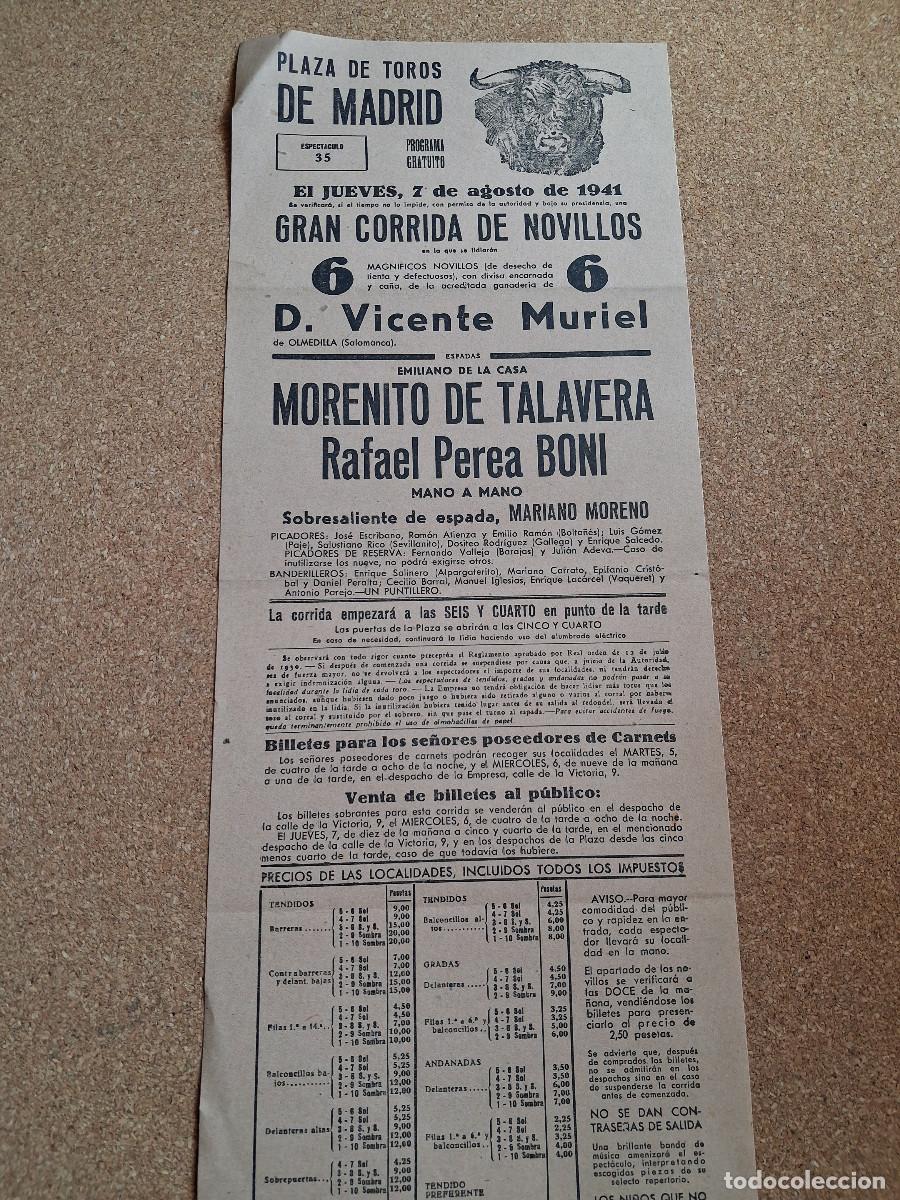 Carteles Toros: Cartel de toros. Madrid. 7 agosto 1941. Morenito de Talavera y Rafael Perea Boni.