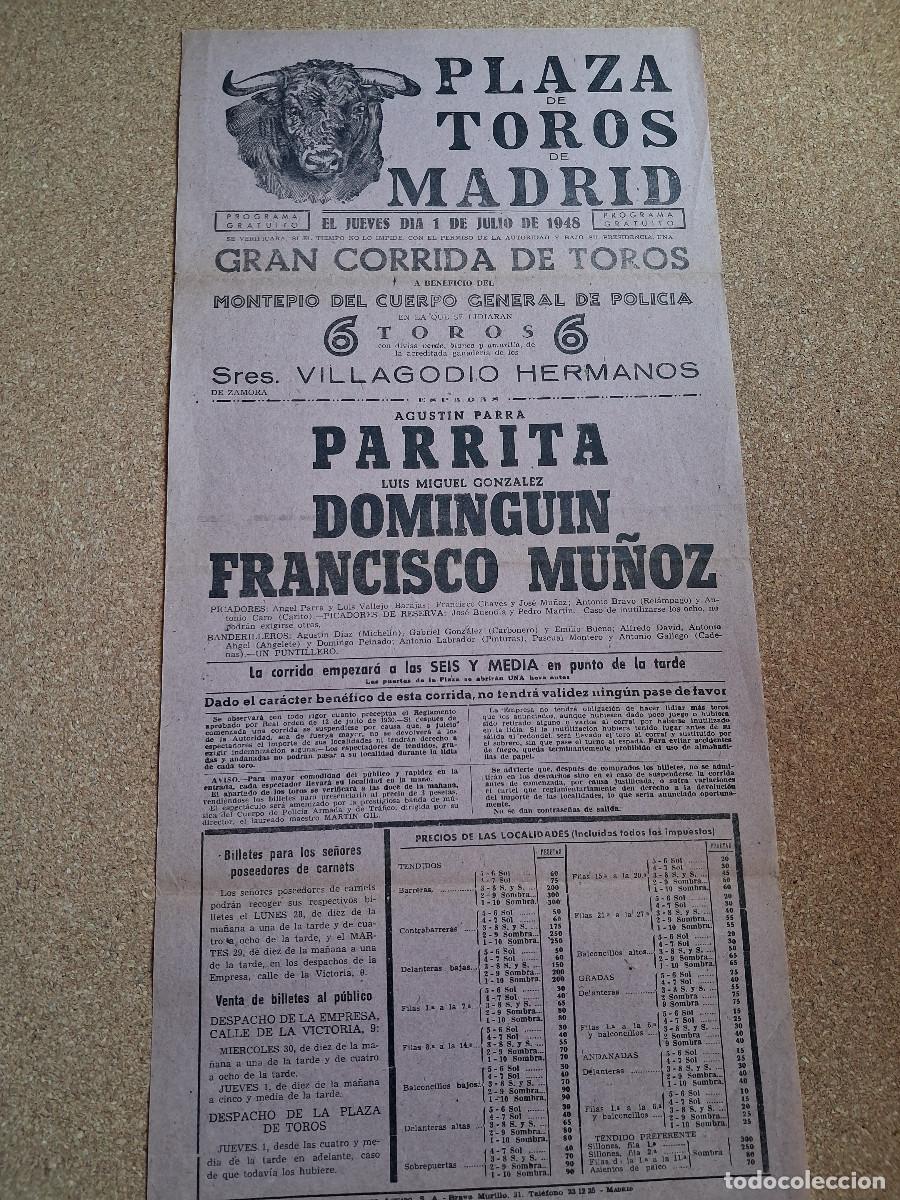 Carteles Toros: Cartel de toros. Madrid. 1 julio 1948. Parrita , Luis Miguel Domingu&iacute;n y Francisco Mu&ntilde;oz