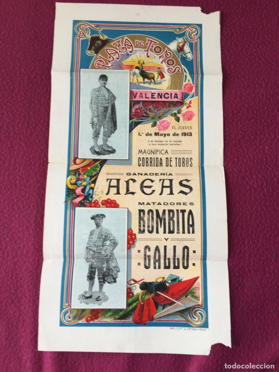 Carteles Toros: CARTEL TOROS COLOR - PLAZA DE TOROS DE VALENCIA MAYO 1913 -- MATADORES BOMBITA Y GALLO