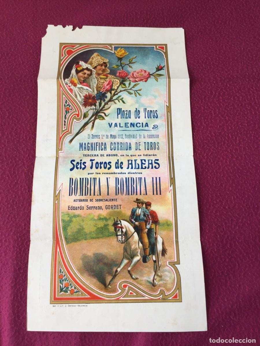 Carteles Toros: CARTEL EN LA PLAZA DE TOROS VALENCIA - MAYO DE 1913 - BOMBITA, BOMBITA III, GORDET - ORIGINAL