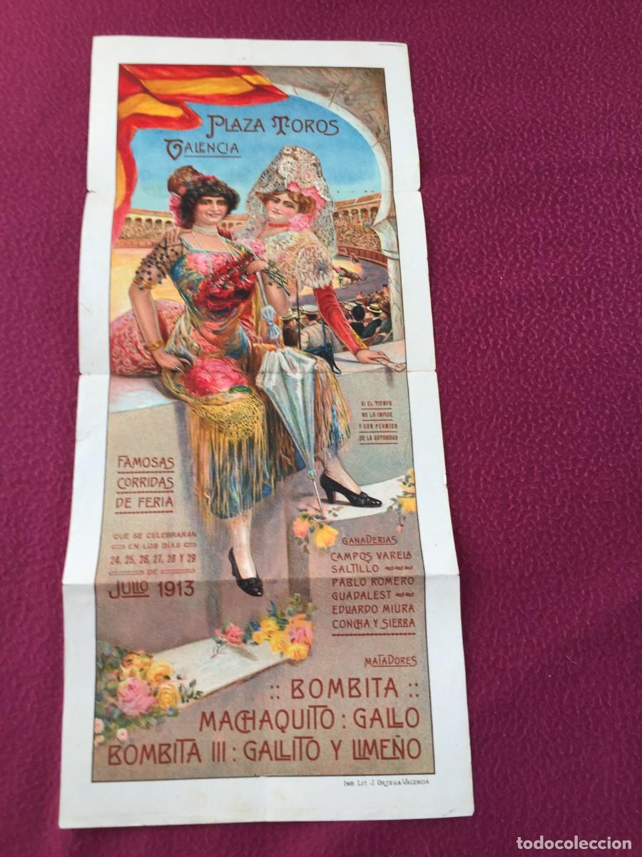 Carteles Toros: CARTEL TOROS COLOR - PLAZA DE TOROS DE VALENCIA JULIO 1913 - BOMBITA MACHAQUITO GALLO GALLITO LIME&Ntilde;O