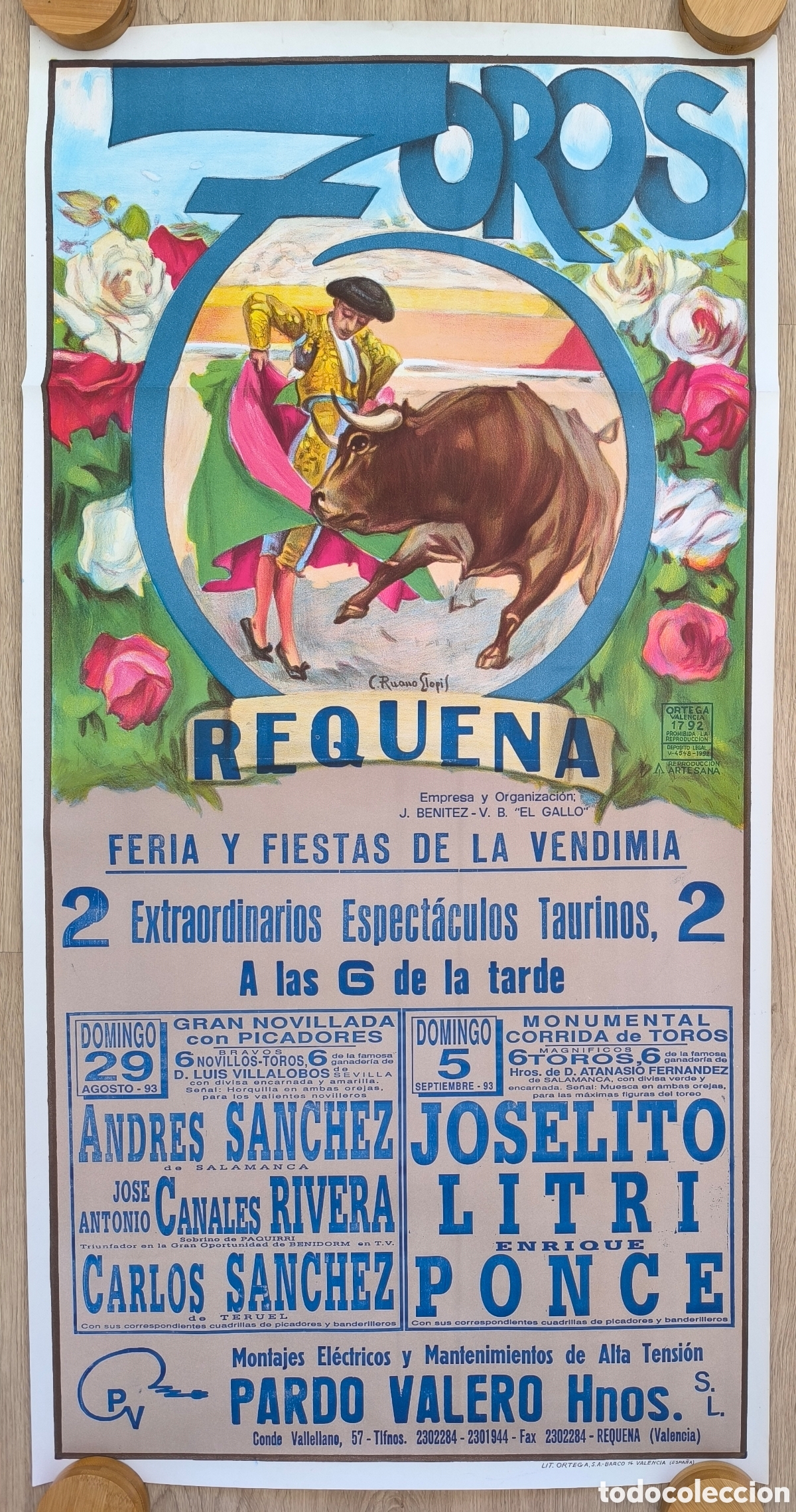 Affiches Tauromachie: RW CARTEL TOROS REQUENA VALENCIA 1993 JOSELITO LITRI PONCE RUANO LLOPIS CT376 RR