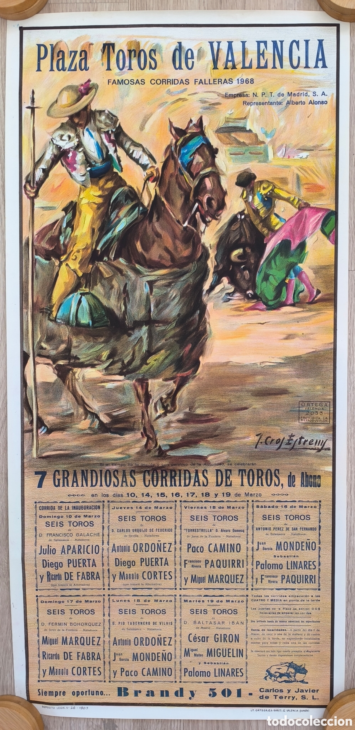 Cartazes Touros: RW CARTEL PLAZA TOROS VALENCIA 1968 APARICIO PAQUIRRI MONDE&Ntilde;O J CROS CT480 R
