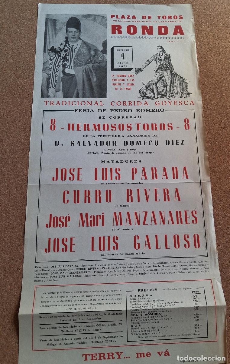 Carteles Toros: Cartel de toros. Ronda. 9 septiembre 1971. Tradicional corrida goyesca.