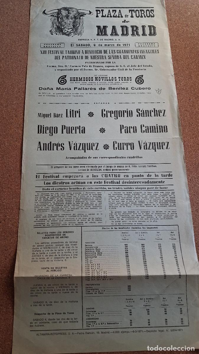 Carteles Toros: Cartel de toros. Madrid. 6 marzo 1971. Festival taurino a beneficio de guarder&iacute;a infantiles.