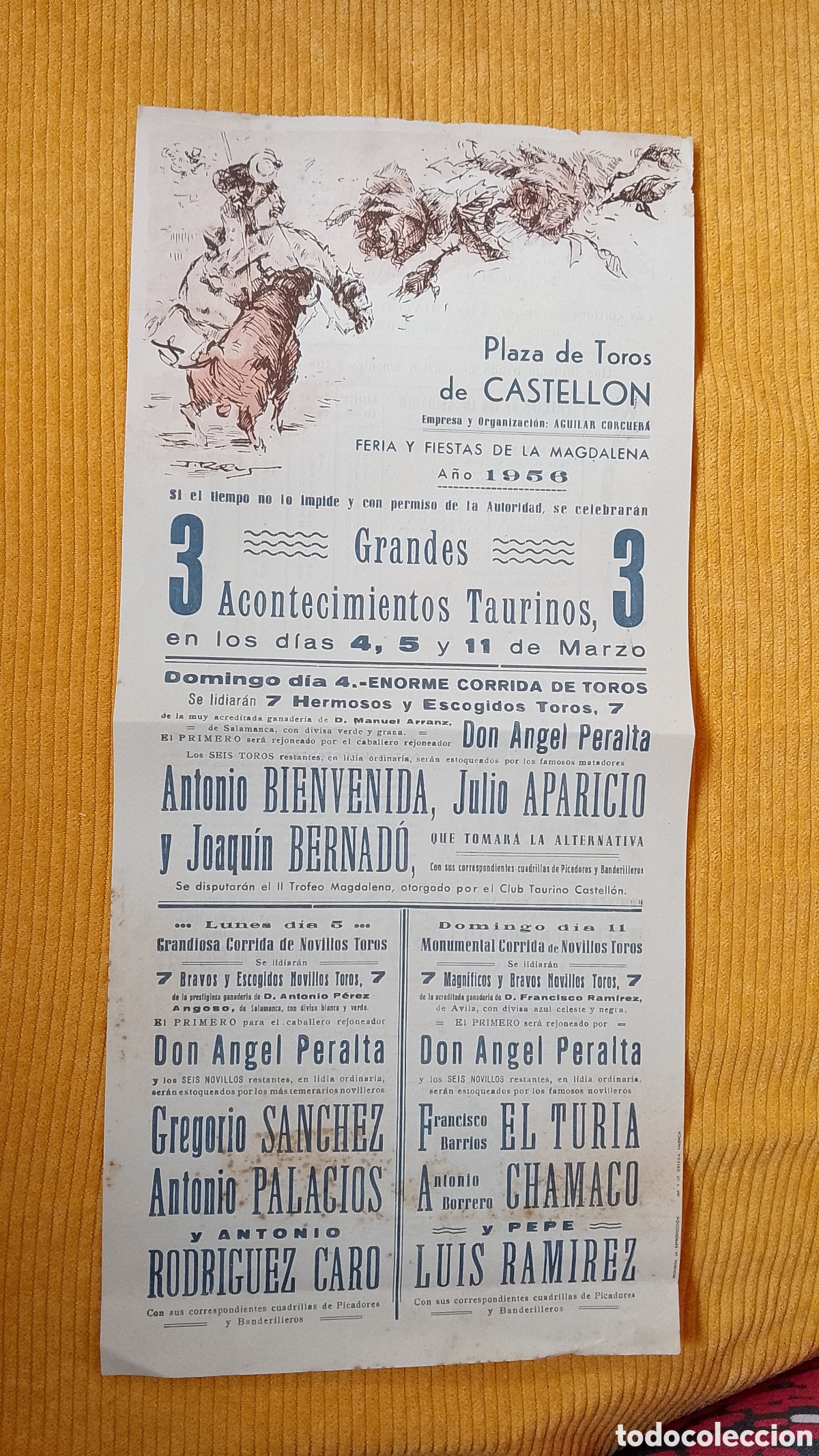 Carteles Toros: CARTEL PLAZA DE TOROS CASTELLON 4 5 11 MARZO 1956 ANTONIO BIENVENIDA JOAQUIN BERNARDO JULIO APARACIO