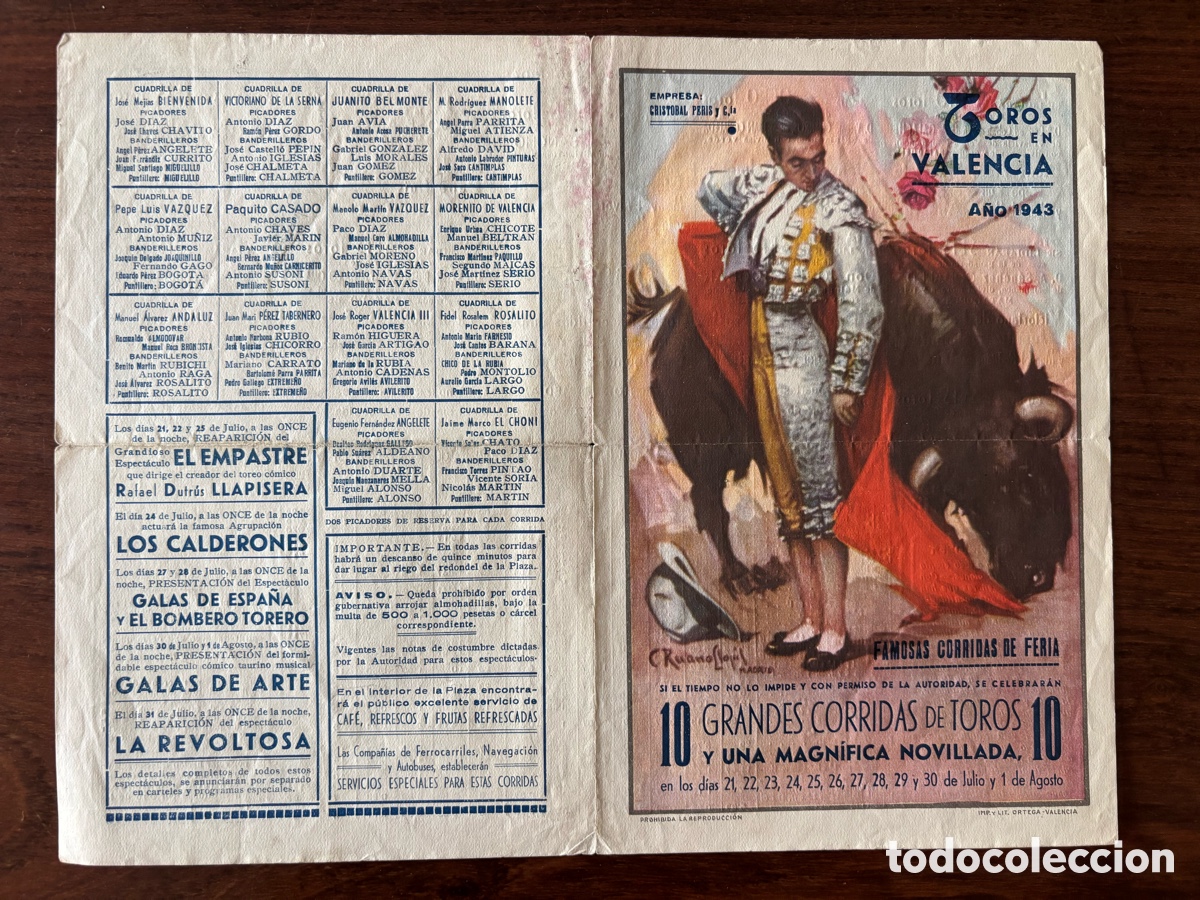 Carteles toros: Manolete, 5 tardes en Feria de Julio de Valencia 1943. Cartel toros. Bienvenida, Pepe Luis V&aacute;zquez&hellip;