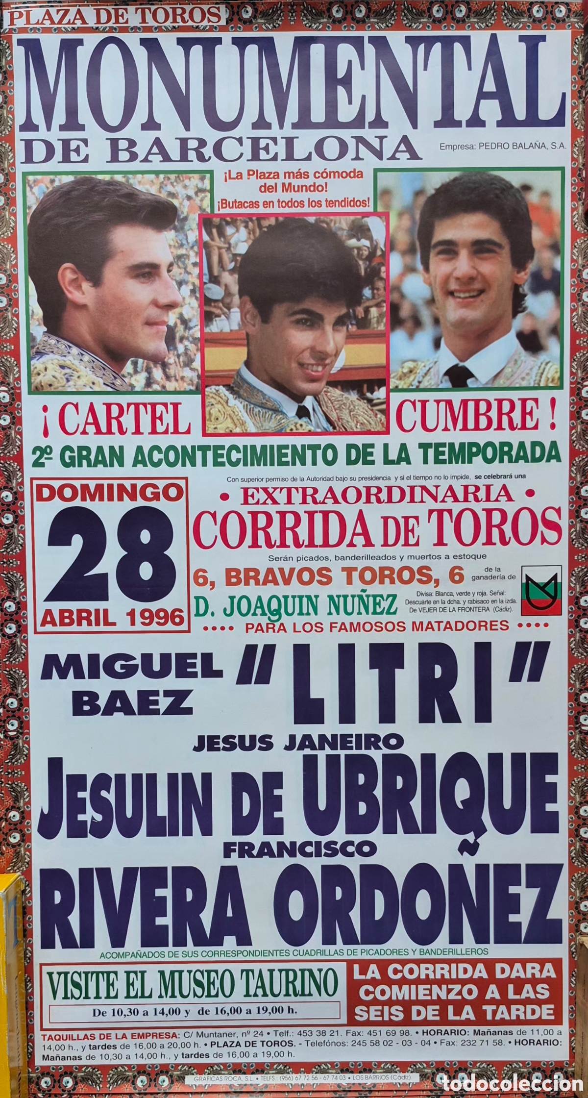 Carteles toros: CARTEL TAURINO DE LA PLAZA MONUMENTAL DE BARCELONA, 28 ABRIL 1996