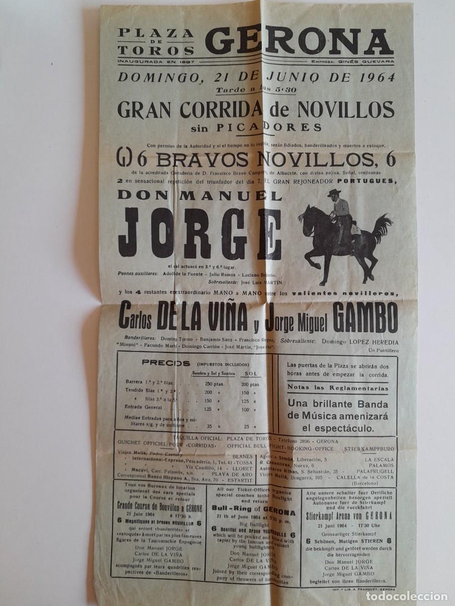 Carteles toros: CARTEL CORRIDA DE NOVILLOS DON MANUEL JORGE PLAZA DE TOROS GIRONA (1964)