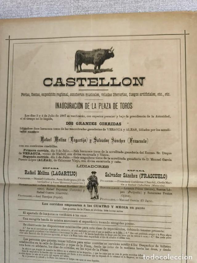 Carteles toros: Cartel programa original inauguracion plaza toros Castellon a&ntilde;o 1887 - taurmaquia - unico