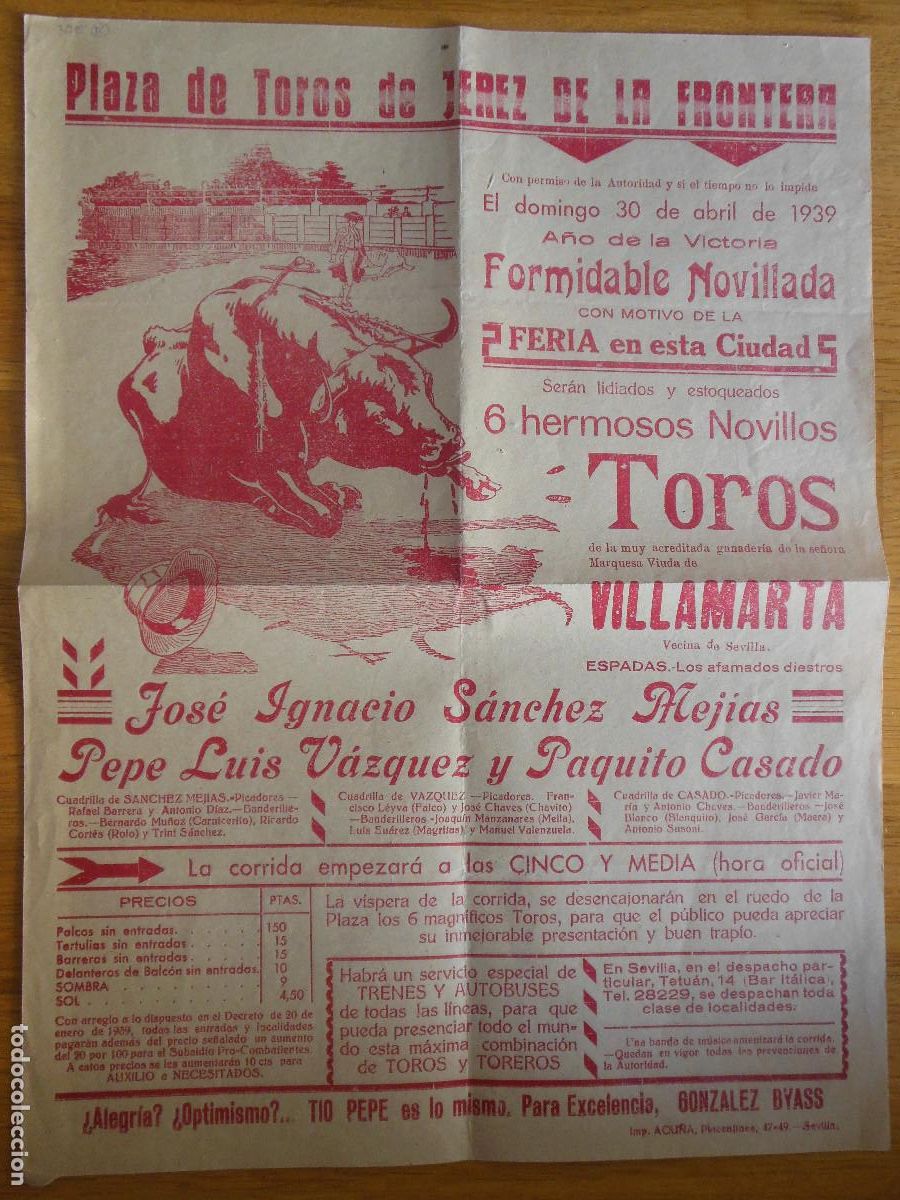 Carteles toros: 1939 CARTEL DE TOROS DE JEREZ DE LA FRONTERA CADIZ - JOSE IGNACIO SANCHEZ MEJIAS - VAZQUEZ - CASADO