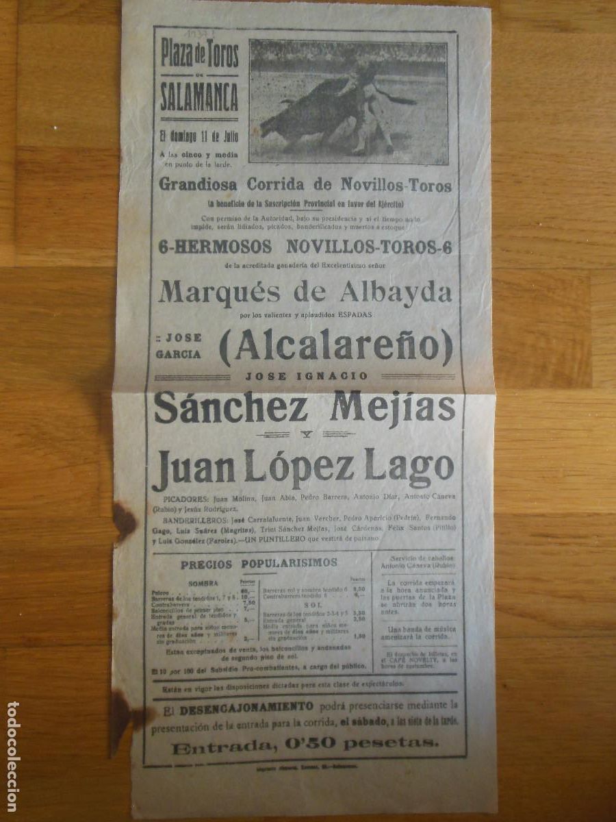 Carteles toros: 1937 CARTEL DE TOROS DE SALAMANCA - JOSE IGNACIO SANCHEZ MEJIAS Y JUAN LOPEZ LAGO - DE M. ALBAYDA
