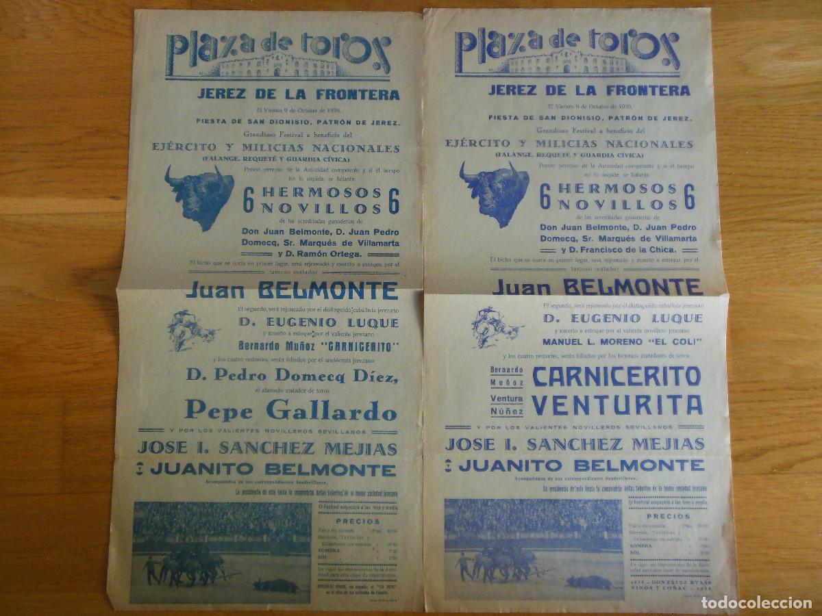 Carteles toros: 1936 2 CARTEL DE TOROS JEREZ DE LA FRONTERA CADIZ - BELMONTE JOSE IGNACIO SANCHEZ MEJIAS DOMECQ