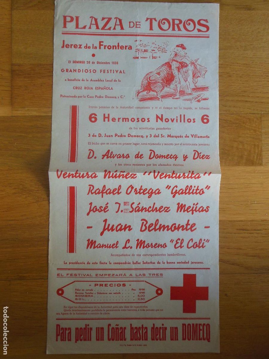 Carteles toros: 1936 CARTEL DE TOROS JEREZ DE LA FRONTERA CADIZ BELMONTE JOSE IGNACIO SANCHEZ MEJIAS DOMECQ GALLITO
