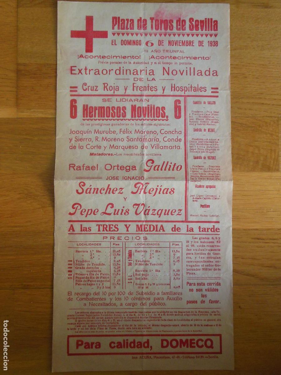 Carteles toros: 1938 CARTEL DE TOROS SEVILLA BELMONTE JOSE IGNACIO SANCHEZ MEJIAS RAFAEL GALLITO - CRUZ ROJA FRENTES