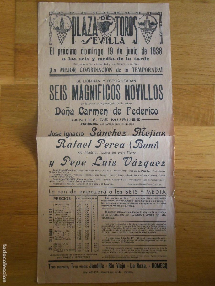 Carteles toros: 1938 CARTEL DE TOROS DE SEVILLA - JOSE IGNACIO SANCHEZ - BONI - PEPE LUIS VAZQUEZ - ANTES MURUBE