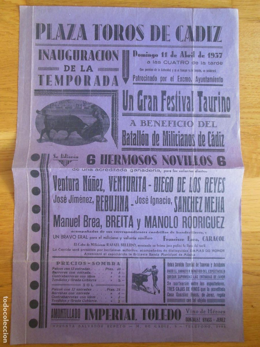 Carteles toros: 1938 CARTEL DE TOROS DE CADIZ - JOSE IGNACIO SANCHEZ MEJIAS - REBUJINA BREA MILICIANOS GUERRA CIVIL